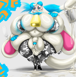anthro areola balls belly big_balls big_breasts big_butt blue_areola blue_glans bodily_fluids breasts bucket butt clothing container cowbell cowbell_collar cum cum_drip cumshot dripping ear_piercing ear_tag ejaculation eyewear fur genital_fluids genitals glans glasses glistening glistening_balls glistening_breasts glistening_genitalia glistening_thighs gynomorph hair huge_balls huge_breasts huge_butt huge_ears huge_thighs hyper hyper_breasts intersex navel overweight overweight_anthro penis piercing simple_background solo tail thick_penis thick_thighs white_balls white_body white_breasts white_fur white_penis mop_(artist) atlyss angela_flux bovid caprine goat mammal absurd_res digital_media_(artwork) hi_res