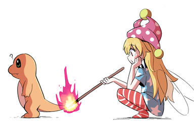 ambiguous_anthro ambiguous_gender anthro biped blonde_hair blue_clothing blue_shirt blue_topwear clothing crouching duo female female_humanoid fire flaming_tail fool's_hat green_eyes hair hat headgear headwear holding_object holding_torch legwear long_hair pattern_clothing pattern_legwear print_clothing print_shirt print_topwear question_mark red_eyes semi-anthro shirt simple_background star_polygon star_print striped_clothing striped_legwear stripes tail topwear torch white_background kurachi_mizuki nintendo pokemon touhou clownpiece charmander fairy generation_1_pokemon humanoid pokemon_(species) 3:2 crossover hi_res