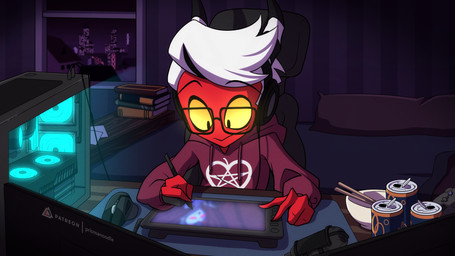 anthro bed beverage_can book bowl chair clothed clothing computer computer_monitor computer_mouse container controller desk drawing drawing_tablet electronics eyewear furniture glasses hair headphones horn male red_body sitting smile solo table topwear white_hair yellow_eyes prismanoodle hellaverse helluva_boss mythology fan_character terry_(prismanoodle) demon imp mammal mythological_creature 16:9 hi_res widescreen