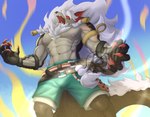 abs anthro chest_tuft fangs fur hair long_hair long_tail male muscular muscular_anthro muscular_male nails nipples pecs red_eyes scar solo tail tail_tuft teeth tuft ashenrogue mythology sui_zai_(dislyte) canid canine chimera humanoid hybrid mammal mythological_creature nian_(species) scalie hi_res
