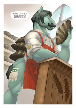 anthro apron bottomless bread clothed clothing cutie_mark dialogue facial_hair food male mustache solo text conditional_dnp loupgarou friendship_is_magic hasbro my_little_pony cracked_wheat_(mlp) equid equine horse mammal pony 2019 english_text