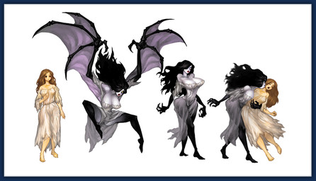 anthro barefoot bite black_hair brown_hair claws clothed clothing duo feet female hair membrane_(anatomy) membranous_wings pale_skin simple_background white_background white_eyes wings george_kamitani dragon's_crown vanillaware vampire_(dragon's_crown) demon human mammal vampire