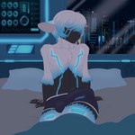 anthro bed big_bulge biped black_body blue_body blue_clothing blue_fur blue_hair blue_underwear blush boxer_briefs boxer_briefs_only bulge city city_background clothed clothing cyan_lights cybernetics cyberpunk detailed_bulge erection erection_under_clothing fur furniture genital_outline gradient_hair hair hi-tech machine male male_anthro neon_lights on_bed penis_outline pillow sitting sitting_on_bed solo tenting topless tremble_lines underwear underwear_only white_body white_fur white_hair window shyder mi-y0 android bovid caprine mammal robot sheep absurd_res hi_res