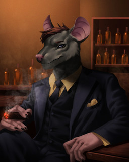 accessory anthro arm_on_table bar black_bottomwear black_claws black_clothing black_necktie black_pants black_suit black_suit_jacket black_topwear black_vest blue_eyes bottle bottomwear brown_eyebrows brown_hair cigar claws clothed clothed_male clothing collared_shirt container crossed_legs dress_shirt eyebrows fully_clothed fully_clothed_male fur grey_body grey_fur hair holding_cigar holding_object lit_cigar looking_at_viewer male necktie pants pink_body pink_inner_ear pink_nose pink_skin shirt short_hair smoke solo suit topwear vest yellow_dress_shirt guyinvintageclothes mammal murid murine rat rodent 2024 digital_media_(artwork) hi_res shaded signature