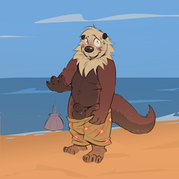 animal_genitalia anthro balls beach blush bodily_fluids brown_body brown_fur clothed clothing embarrassed fully_sheathed fur genitals male male_anthro outside partially_clothed partially_clothed_anthro partially_clothed_male sand sea sheath slightly_chubby slightly_chubby_anthro slightly_chubby_male solo standing sweat swimming_trunks swimwear tan_body tan_fur wardrobe_malfunction water whiskers mintyderg mammal mustelid otter sea_otter 1:1 2024 hi_res