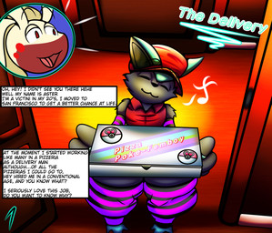 anthro box clothed clothing container delivery_(commerce) doorway duo food_delivery hat headgear headwear male pizza_box pizza_delivery singing text text_box destiny-yuuei nintendo pokemon aster_(aster) aster_victini_(aster) generation_5_pokemon generation_6_pokemon goodra legendary_pokemon pokemon_(species) victini absurd_res english_text hi_res