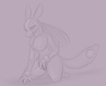 anthro female feral genitals kneeling pussy smile smiling_at_viewer solo spread_pussy spreading pinky_bestia palworld pocketpair lovander pal_(species) digital_media_(artwork) hi_res monochrome shaded simple_shading sketch