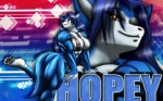 abs anthro biceps big_breasts biped blue_body blue_fur blue_hair breasts butt female fur hair long_hair muscular muscular_anthro muscular_female pecs pecs_with_breasts pose red_eyes solo standing tail cylnx hopey canid canine canis mammal wolf 16:10 2011 widescreen