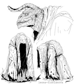 ambiguous_gender cloak clothing horn horn_jewelry jewelry multiple_angles robe sharp_teeth solo teeth torn_clothing wearing_cloak leona-florianova fallout microsoft goris_(fallout) deathclaw scalie black_and_white english_description hi_res monochrome sketch male_(lore)