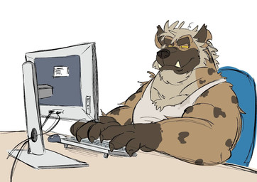 annoyed anthro biceps big_muscles blue_chair brown_body brown_fur chair claws clothing computer computer_monitor desk desktop electronics eyebrows fangs frown fur furniture grumpy keyboard looking_at_computer looking_at_object male manly markings monitor musclegut muscular muscular_anthro muscular_arms muscular_male on_chair pecs shirt simple_background sitting sitting_on_chair solo spots spotted_body spotted_fur spotted_markings table tank_top teeth thick_arms thick_eyebrows topwear white_background white_clothing white_shirt white_tank_top white_topwear yellow_eyes watmeedraw hyena mammal spotted_hyena hi_res