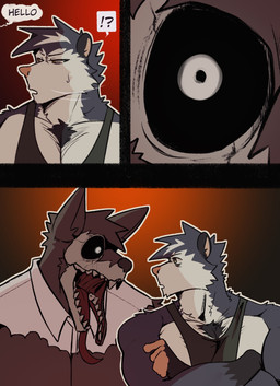 3_panel_comic anthro big_muscles body_horror bone clothing dialogue duo fur hollow_eyes male muscular muscular_anthro muscular_male pecs shirt skull skull_head speech_bubble text topwear torn_clothing torn_shirt torn_topwear unhinged_jaw white_body white_fur yellow_eyes king_slabu adrian_(king_slabu) nathan_(king_slabu) american_opossum canid canine canis domestic_dog mammal marsupial spirit virginia_opossum comic digital_media_(artwork) english_text hi_res
