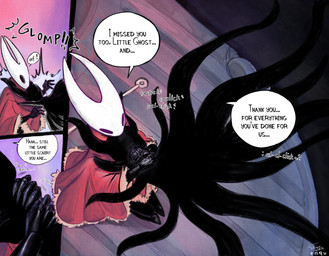 ambiguous_gender anthro biped black_body black_eyes cloak clothing dialogue duo empty_eyes glomp glomp_(sound_effect) happy hornet's_needle hug lake laugh onomatopoeia red_cloak red_clothing reunion size_difference sound_effects speech_bubble surprised tentacles text white_body enquaston hollow_knight:_silksong hollow_knight_(franchise) team_cherry hornet_(hollow_knight) the_knight_(hollow_knight) void_(hollow_knight) arthropod insect vessel_(species) 2025 artist_name comic digital_media_(artwork) english_text hi_res signature female_(lore) half_sister_(lore) sibling_(lore)