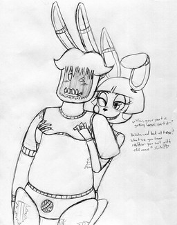 ambiguous_gender anthro buckteeth dialogue duo exposed_endoskeleton female female/ambiguous from_behind_position genitals intraspecies machine nullo one_eye_closed open_mouth open_smile sex simple_background slightly_chubby smile standing teeth text white_background inkyfrog five_nights_at_freddy's five_nights_at_freddy's_2 scottgames toy_bonnie_(fnaf) withered_bonnie_(fnaf) animatronic lagomorph leporid mammal rabbit robot 2015 black_and_white english_text monochrome traditional_media_(artwork)