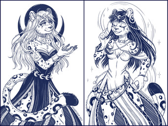 5_fingers anthro armlet armwear black_tail_tip bracelet breasts clothing crescent_moon cresent_moon_(marking) cupped_hands dark_dress dark_hair dipstick_tail dress duo ear_piercing ear_ring ears_up eyes_closed female fingers fur hair jewelry long_hair long_tail markings moon moon_symbol necklace piercing ring_piercing smile spots spotted_body spotted_fur tail tail_markings white_clothing white_dress white_hair snowsnow11 felid feline leopard mammal pantherine snow_leopard hi_res