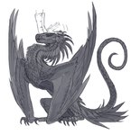 ambiguous_gender black_body black_feathers claws clothing disembodied_hand duo eyes_closed feathered_wings feathers feral gloves handwear headpat long_neck long_tail simple_background sitting solo_focus tail toe_claws white_background wings nukerooster european_mythology mythology liam_(nukerooster) dragon human mammal mythological_creature mythological_scalie scalie western_dragon wyvern greyscale monochrome partially_colored
