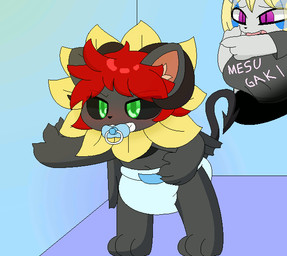 ageplay black_body diaper flower green_eyes hair horn infantilism male pacifier plant red_hair roleplay rumbling_stomach solo spade_tail sunflower tail young milkis2000 demon felid lion mammal pantherine succubus animated