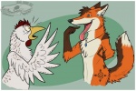 ambiguous_gender anthro beak dipstick_tail duo feathered_wings feathers jewelry male male/ambiguous markings necklace open_mouth tail tail_markings tongue wings chaoscanine konu avian bird canid canine chicken fox galliform gallus_(genus) mammal phasianid 3:2 better_version_at_source