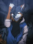 alley anthro big_tail black_clothing black_shirt black_topwear blue_clothing blue_topwear city clothing fur jacket male multicolored_body multicolored_fur shirt solo tail teeth topwear angiewolf canid canine fox mammal 2022 digital_media_(artwork)