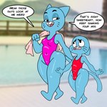 anthro bad_parenting big_butt black_eyes blue_body blue_ears blue_fur blue_tail breasts bulge butt clothed clothing crossdressing detailed_bulge dialogue duo ears_down ears_up fangs female fur genital_outline half-closed_eyes holding_object holding_towel looking_at_another male narrowed_eyes one-piece_swimsuit penis_outline pink_clothing pink_nose pink_one-piece_swimsuit pink_swimwear pivoted_ears plant pool pose red_clothing red_one-piece_swimsuit red_swimwear sharp_teeth size_difference small_breasts speech_bubble swimwear tail teeth text thick_thighs three-quarter_view tongue towel towel_on_shoulder tree walking worried young young_anthro charliepops cartoon_network the_amazing_world_of_gumball gumball_watterson nicole_watterson domestic_cat felid feline felis mammal 1:1 2023 digital_media_(artwork) english_text translated mother_(lore) mother_and_child_(lore) mother_and_son_(lore) parent_(lore) parent_and_child_(lore) parent_and_son_(lore) son_(lore)