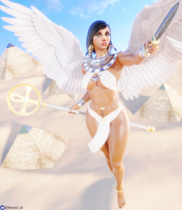 ankh_tattoo anklet big_breasts black_hair black_nails bottomwear breasts brown_eyes clothing colored_nails dark_body dark_skin ear_piercing eyelashes feathered_wings feathers female front_view hair holding_melee_weapon holding_object holding_staff holding_sword holding_weapon jewelry lipstick looking_at_viewer makeup melee_weapon nails navel navel_piercing piercing red_lipstick short_hair solo staff sword thick_thighs topwear weapon white_body white_bottomwear white_clothing white_feathers white_topwear wide_hips wings nemesis_3d blizzard_entertainment overwatch pharah_(overwatch) angel humanoid winged_humanoid 3d_(artwork) absurd_res digital_media_(artwork) hi_res huge_filesize