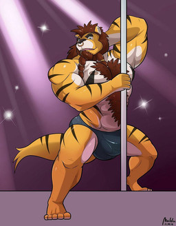 abs anthro barefoot beard biceps big_muscles biped brown_body brown_fur bulge chest_tuft clothed clothing countershading dancing facial_hair facial_piercing feet fur hand_behind_head holding_fixture king lip_piercing looking_at_viewer male muscular muscular_anthro muscular_male nipples nose_piercing nose_ring pecs piercing plantigrade pole pole_dancing ring_piercing royalty septum_piercing show solo standing stripes stripper tan_body tan_fur topless tuft underwear undressing white_body white_fur yellow_body yellow_fur maldu king_william_astro canid canine canis felid hybrid liger lion mammal pantherine tiger wolf