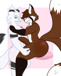 2_tails anthro balls big_balls big_butt big_penis bodily_fluids brown_body brown_fur brown_penis butt candy chocolate dessert duo food fruit fur genital_fluids genitals huge_balls huge_butt huge_penis huge_thighs humanoid_genitalia humanoid_hands humanoid_penis male male/male multi_tail muscular penis plant precum sex strawberry tail thick_thighs white_body white_fur strawberrygoshi nintendo pokemon goshi normanthefox canid canine eeveelution fox generation_2_pokemon mammal pokemon_(species) umbreon hi_res