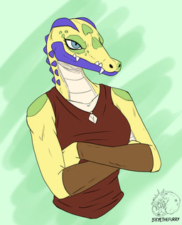 angry anthro blue_crest blue_eyes breasts clothing fangs female green_body non-mammal_breasts purple_body scales solo teeth yellow_body allartskye alligator alligatorid crocodilian reptile scalie hi_res