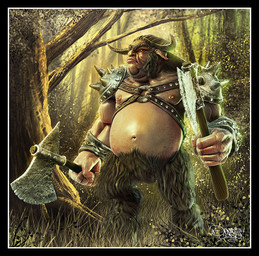 axe belly big_belly black_border border hooves horn male melee_weapon navel nipples overweight solo weapon yerathel humanoid satyr
