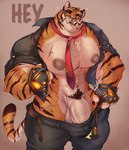 abs anthro balls big_nipples big_penis body_hair body_scars chest_hair clothing fingerless_gloves genitals gloves handwear male muscular muscular_anthro muscular_male necktie nipples pecs penis scar solo stripes tail text thick_penis vein veiny_penis insanysage epic_games fortnite oscar_(fortnite) felid mammal pantherine tiger hi_res