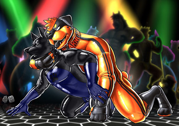anthro anthro_on_anthro anthro_penetrated anthro_penetrating anthro_penetrating_anthro black_body black_tongue blue_body duo duo_focus empty_eyes fangs from_behind_position group male male/male male_penetrated male_penetrating male_penetrating_male narrowed_eyes nightclub open_mouth orange_body penetration sex teeth tongue tongue_out hufnaar canid canine latex_creature mammal 2025 dated