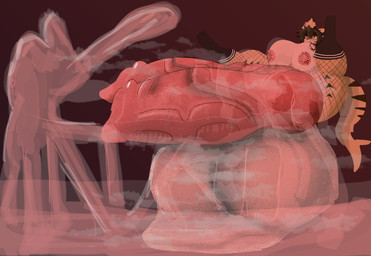 anthro balls big_balls big_penis bodily_fluids clothing cum fishnet_clothing genital_fluids genitals hair herm huge_balls huge_penis hyper hyper_balls hyper_genitalia hyper_penis intersex musk penis shark_tail solo lighthouseheat fish marine shark absurd_res hi_res