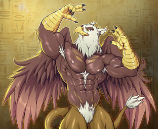 abs anthro armpit_hair beak biceps big_muscles body_hair chest_tattoo claws covered_penis feathers flexing happy_trail hieroglyphics male multicolored_body muscular muscular_anthro muscular_male navel nipples nude pecs pubes raised_arm solo tail tail_tuft tattoo tuft v-cut vein wings yellow_eyes akai.kaze mythology avian gryphon mythological_avian mythological_creature hi_res