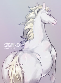 blonde_mane butt eyes_closed feral fur hair mane rear_view simple_background solo tail white_body sigma-d equid equine horse mammal 2023 dated hi_res signature