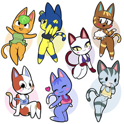 ^w^ anthro arm_markings big_breasts black_bra black_clothing black_eyes black_sports_bra black_underwear blue_body blue_clothing blue_crop_top blue_fur blue_hair blue_inner_ear blue_markings blue_shirt blue_stripes blue_topwear blush blush_stickers bottomless bottomless_anthro bottomless_female bra bracelet_(marking) breasts butt cleavage clothed clothing crop_top dipstick_tail dress eyelashes eyes_closed fangs featureless_crotch featureless_feet featureless_hands feet female female_anthro fur gloves_(marking) green_clothing green_dress grey_ears grey_stripes group hair hand_behind_back heart_symbol kneeling leaf leaf_hair leg_markings looking_back looking_up markings mole_under_eye multicolored_body multicolored_fur multicolored_tail navel nipple_outline open_mouth open_smile orange_body orange_ears orange_fur orange_tail orange_tongue pink_blush pink_clothing pink_inner_ear pink_topwear plant plant_hair pseudo_hair pupils purple_clothing purple_topwear red_blush red_ears red_feet red_hands red_tail red_tongue shirt sitting slit_pupils smile socks_(marking) sports_bra stretching striped_legs striped_markings striped_tail stripes tail tail_markings tan_markings tan_tail_tip teeth tongue topwear two_tone_tail underwear whisker_markings white_clothing white_feet white_sclera white_stripes white_topwear yellow_clothing yellow_sclera yellow_topwear squogs animal_crossing nintendo ankha_(animal_crossing) katt_(animal_crossing) lolly_(animal_crossing) olivia_(animal_crossing) purrl_(animal_crossing) rosie_(animal_crossing) tangy_(animal_crossing) calico_cat domestic_cat felid feline felis mammal 2026 absurd_res digital_media_(artwork) hi_res