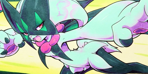 abstract_background action_pose anthro breast_curtains breasts claws eyelashes female fur green_body green_fur green_hair hair open_mouth pawpads pose red_eyes small_breasts solo tail tongue 025aki nintendo pokemon felid feline generation_9_pokemon mammal meowscarada pokemon_(species) 2026 absurd_res dated hi_res signature