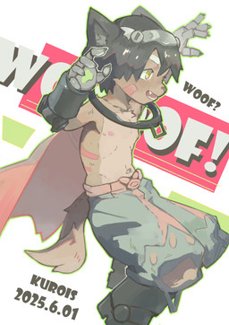abstract_background alternate_species anthro belt black_body black_boots black_clothing black_footwear black_fur black_hair boots bottomwear brown_body brown_fur cape chest_tuft claws clothed clothing eyebrows facial_markings fangs finger_claws footwear fur furrification green_pawpads grey_inner_ear grey_inner_ear_fluff hair head_markings inner_ear_fluff male markings mechanical_arm navel nipples open_mouth pants pawpads pointy_ears prick_ears red_markings sharp_teeth shoes solo sound_effects tail tail_tuft teeth text thick_eyebrows topless tuft woof_(sound_effect) yellow_eyes young young_male kurois made_in_abyss reg_(made_in_abyss) canid canine canis mammal wolf 2025 absurd_res artist_name dated hi_res