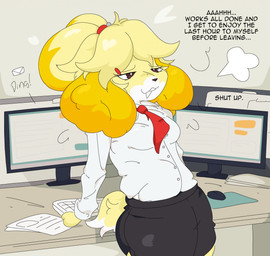 accessory anthro bottomwear brown_eyes clothing collared_shirt computer_keyboard computer_monitor cubicle desk email female fur furniture hair hair_accessory hair_tie leaning leaning_backward leaning_on_object necktie office shirt skirt solo table text tied_hair topwear yellow_body yellow_fur guzzlord420 animal_crossing nintendo isabelle_(animal_crossing) canid canine canis domestic_dog mammal shih_tzu toy_dog english_description english_text hi_res
