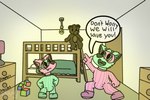 4_fingers ageplay ambiguous_gender anthro bear_plushie bed biped bunk_bed cheek_tuft clean_diaper clothed clothing detailed_background dialogue diaper diaper_bulge diaper_under_clothing diaper_under_onesie drawers duo eyewear facial_tuft fingers footwear fur furniture gaming gesture green_body green_eyes green_eyewear green_fur green_onesie hand_gesture hands_on_waist hero_pose infantilism inner_ear_fluff inside letter_block light_bulb one_tooth onesie open_mouth pink_body pink_eyes pink_eyewear pink_fur pink_onesie playful playing playing_hero playing_with_toys pointing pointing_up roleplay shoes size_difference smile speech_bubble standing text toy_block tuft wearing_diaper young young_anthro shadyadi canid canine mammal 2020 archived_source artist_name digital_drawing_(artwork) digital_media_(artwork) english_text flat_colors signature watermark