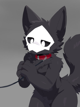 4_fingers anthro black_body black_fur black_tail clasped_hands collar fingers fur head_tuft leaning leaning_forward leash leashed_collar male red_collar simple_background solo standing tail three-quarter_view tuft sairun changed_(video_game) puro_(changed) canid canine canis dark_latex mammal wolf 2026 3:4 hi_res