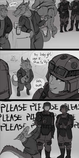 anthro armor begging big_breasts breasts clothed clothing dialogue female furgonomics group headgear helmet horn huge_breasts jacket male non-mammal_breasts onomatopoeia open_mouth sharp_teeth sound_effects speech_bubble tail tail_motion tailwag teeth text topwear doctordj mythology dragon human mammal mythological_creature mythological_scalie scalie absurd_res comic english_text greyscale hi_res monochrome