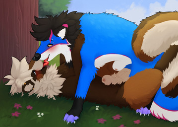 animal_genitalia ball_tuft balls big_balls big_sheath blush bodily_fluids canine_genitalia detailed_background dripping ear_piercing fluffy_mane fully_sheathed genital_fluids genitals kissing licking long_tail magenta_highlights nose_to_nose paws piercing precum precum_drip precum_on_partner precum_on_sheath sheath standing_over tail tan_sheath tongue tuft white_sheath y_sheath_opening yellow_sclera nauticalcanine cobalt_(texiefox) kita_tanuki canid canine canis mammal raccoon_dog tanuki wolf detailed hi_res