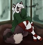 anthro clothing cold collar cozy female hair legwear smile solo sweater thigh_highs topwear white_hair window winter scorchwind58 ailurid bear giant_panda mammal red_panda absurd_res hi_res