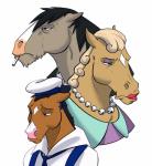 anthro cigarette clothing dress facial_markings female gem group head_markings jewelry male markings necklace pearl_(gem) sailor_hat sailor_uniform simple_background smoking white_background young vrobei bojack_horseman netflix beatrice_horseman bojack_horseman_(character) butterscotch_horseman equid equine horse mammal 2020 hi_res