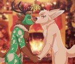 anthro antlers blurred_background blush brown_body brown_fur christmas_decorations christmas_lights christmas_ornament christmas_present christmas_stocking christmas_tree detailed_background duo eyes_closed fireplace fur gift green_body green_fur hair hand_holding holidays horn kissing lips male male/male mistletoe nude plant tail tree white_body white_fur lawkie christmas esofaoul_(character) milo_(keepitwilde) canid canine canis deer fennec_fox fox hybrid mammal true_fox wolf detailed digital_media_(artwork) hi_res