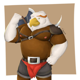 anthro armor axe battle_axe belt biceps big_muscles brown_body brown_fur clothed clothing double_bitted_axe fur looking_at_viewer male melee_weapon musclegut muscular muscular_anthro muscular_male nipples non-mammal_nipples scabbard simple_background smile solo spiked_armor spikes topless weapon white_body white_fur chococlass accipitrid accipitriform avian bald_eagle bird eagle sea_eagle 1:1 hi_res