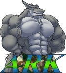 abs anthro badge big_muscles bottomwear clothed clothing earpiece fur grey_body grey_fur hand_on_hip huge_muscles male muscular muscular_anthro muscular_male pants simple_background solo text topless vein veiny_muscles white_background fierglief ark_noir_(character) sergal 2014 low_res