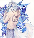 abstract_background anthro blue_bottomwear blue_clothing blue_eyes blue_pants bottomwear clothed clothing denim denim_bottomwear denim_clothing fur grey_body grey_fur grey_hair hair hoodie jeans looking_at_viewer male messy_hair open_mouth open_smile pants short_hair smile solo standing tan_clothing tan_hoodie tan_topwear three-quarter_view topwear akatan_art canid mammal 2021 dated hi_res portrait signature three-quarter_portrait traditional_media_(artwork)