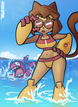 anthro bikini breasts brown_body brown_hair brown_tail clothed clothed_anthro clothed_female clothing duo eyebrows eyewear female female_focus goggles goggles_on_face hair hand_on_hip male midriff navel open_mouth outside partially_submerged seaside swimwear tail text two-piece_swimsuit wazzaldorp gameoverse glitch_productions gobbles_(gameoverse) kit_bodega dinosaur domestic_cat felid feline felis mammal prehistoric_species reptile scalie 2026 absurd_res english_text hi_res