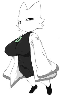 anthro big_breasts breasts clothing crossgender female footwear huge_breasts jacket nipple_outline shoes shortstack simple_background solo tight_clothing topwear white_background white_body meckmeck00124 nine_sols red_candle_games yi_(nine_sols) alien felid feline mammal solarian hi_res