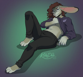 anthro barefoot big_ears bite biting_lip blue_eyes bottomwear brown_hair buckteeth clothed clothing cotton_tail eyewear feet fur glasses grey_body grey_fur hair long_hair looking_at_viewer lying male on_back pants sidecut simple_background solo sweater teeth topwear wearing_glasses kittydee lucatael hare lagomorph leporid mammal 2024 signature